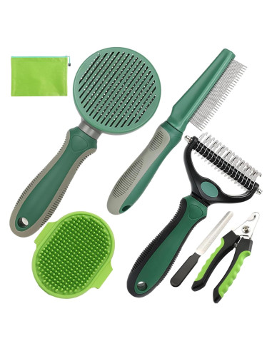 Kit de Cuidado de Mascotas KUEIOX 7 Piezas Verde Cepillos y Cortauñas
