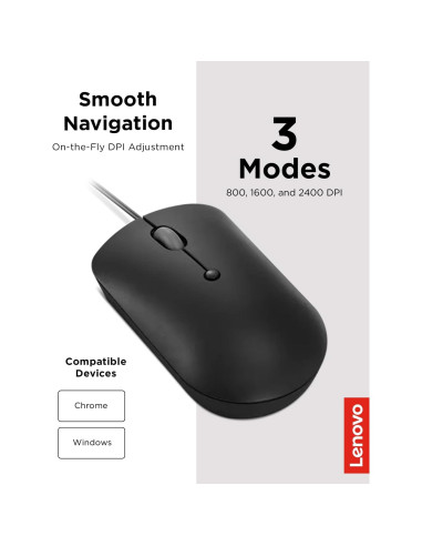 Ratón con cable Lenovo 400 USB-C compacto negro
