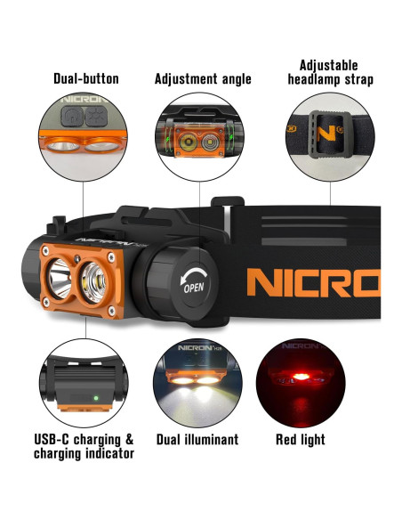 Lámpara Frontal Recargable NICRON H25 1500 Lúmenes LED 180 Lámpara Frontal Recargable NICRON H25 1500 Lúmenes LED 180