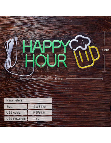 Cartel de Neón LED Hora Feliz Roouneon 43x19 cm Verde