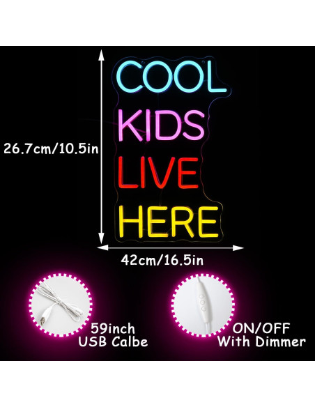 Letrero Neón Cool Kids Live Here LED Decoración Pared 42.9x28.7cm Letrero Neón Cool Kids Live Here LED Decoración Pared 42.9x28.7cm