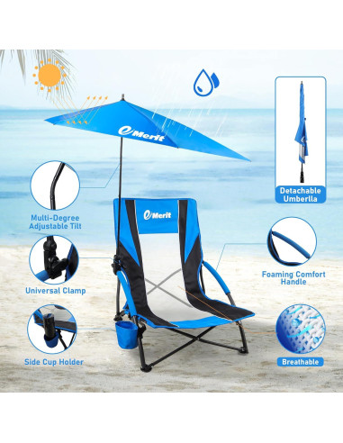 Silla de Playa Plegable EMERIT con Sombrilla y Portavasos