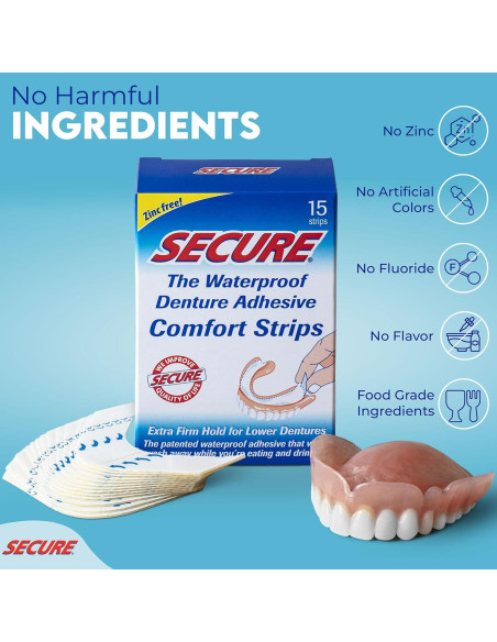 Tiras Adhesivas para Dentaduras Secure - 15 Piezas Impermeables Tiras Adhesivas para Dentaduras Secure - 15 Piezas Impermeables