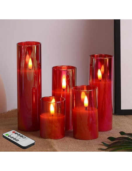 Juego de 5 Velas LED de Vidrio Rojo Eywamage con Control Remoto Juego de 5 Velas LED de Vidrio Rojo Eywamage con Control Remoto