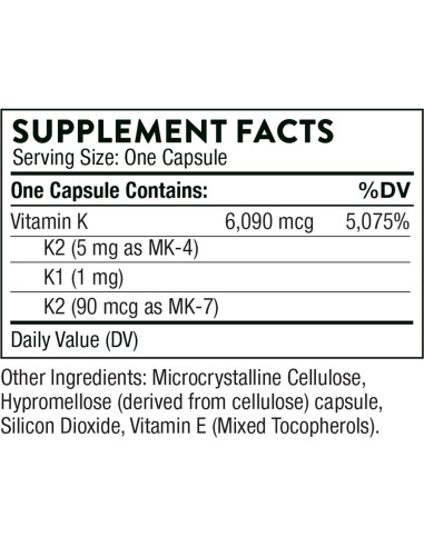 Vitamina K Thorne 60 Cápsulas - K1 y K2 para Huesos Fuertes