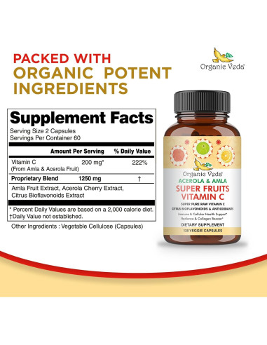 Cápsulas de Vitamina C Orgánica Veda - Amla y Acerola 120 Unidades
