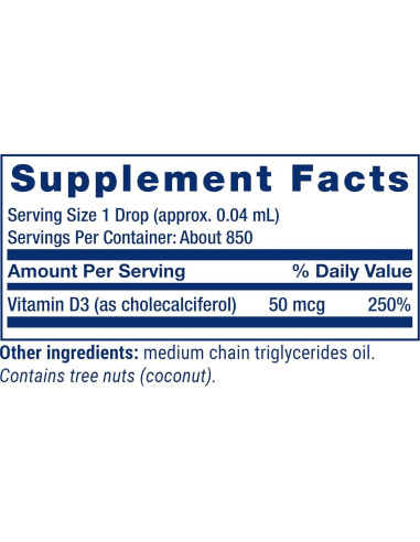 Vitamina D3 Líquida Life Extension 50 mcg 29.57 ml Sin Sabor