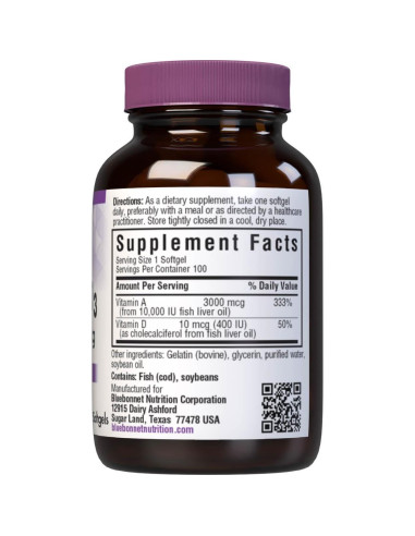 Suplemento Vitamina A 10,000 UI y D3 400 UI Bluebonnet 100 Gelatinas
