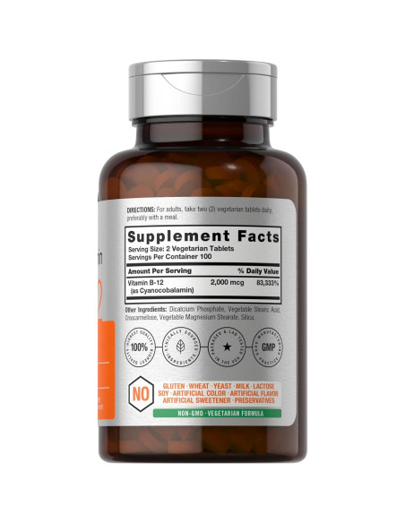 Suplemento de Vitamina B12 Horbach 2000 mcg 200 Tabletas Vegetarianas Suplemento de Vitamina B12 Horbach 2000 mcg 200 Tabletas Vegetarianas