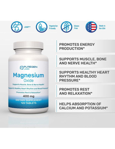 Suplemento de Magnesio 400mg P Puregen Labs - 120 Tabletas