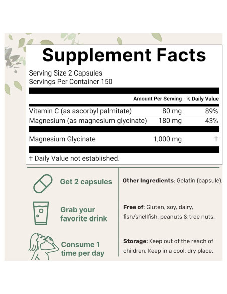 Glicinato de Magnesio Puro 1000mg con Vitamina C - 300 Cápsulas Glicinato de Magnesio Puro 1000mg con Vitamina C - 300 Cápsulas