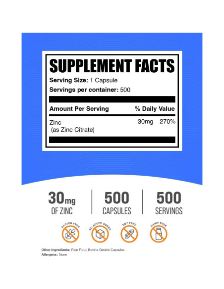 Cápsulas de Citrato de Zinc BulkSupplements 30mg 500 Unidades Cápsulas de Citrato de Zinc BulkSupplements 30mg 500 Unidades