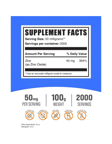 Polvo de Óxido de Zinc BulkSupplements 50mg 100g Suplemento Mineral