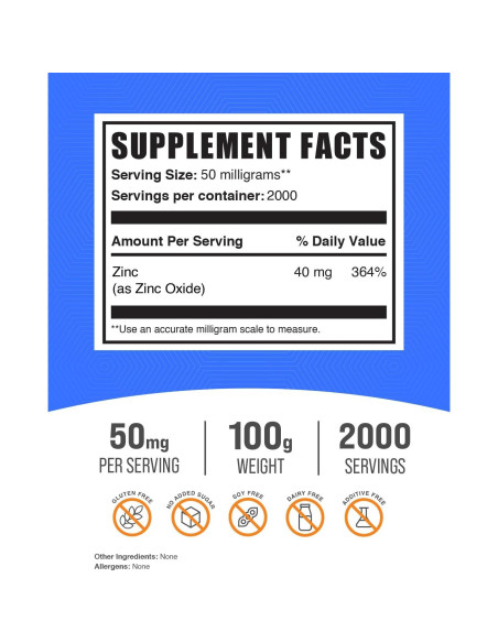 Polvo de Óxido de Zinc BulkSupplements 50mg 100g Suplemento Mineral Polvo de Óxido de Zinc BulkSupplements 50mg 100g Suplemento Mineral