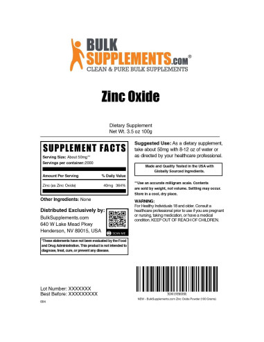 Polvo de Óxido de Zinc BulkSupplements 50mg 100g Suplemento Mineral
