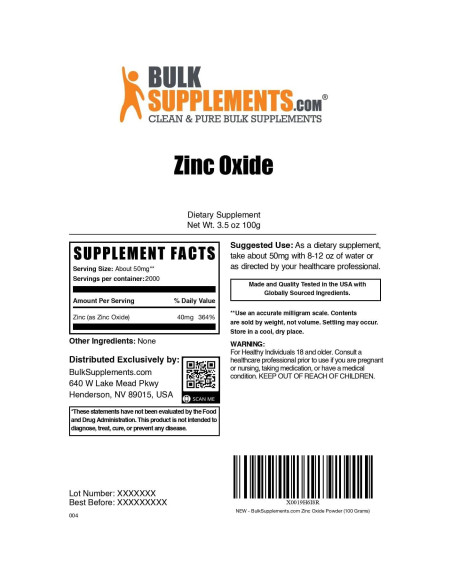 Polvo de Óxido de Zinc BulkSupplements 50mg 100g Suplemento Mineral Polvo de Óxido de Zinc BulkSupplements 50mg 100g Suplemento Mineral