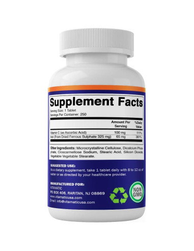 Suplemento de Hierro Vitamatic 325 mg + Vitamina C 100 mg - 250 Tabletas