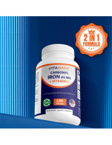 Suplemento de Hierro Carbonilo 65 mg Vitamatic con Vitamina C - 120 Tabletas
