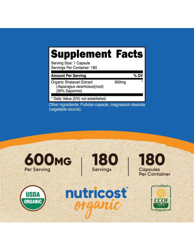 Cápsulas de Shatavari Orgánico Nutricost 600mg - 180 Unidades