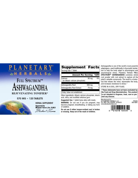 Ashwagandha Espectro Completo Planetary Herbals 570 mg 120 Tabletas Ashwagandha Espectro Completo Planetary Herbals 570 mg 120 Tabletas