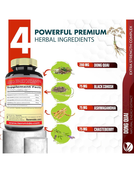 Suplemento Herbal Tenmido de Dong Quai y Ashwagandha - 120 Cápsulas Veganas Suplemento Herbal Tenmido de Dong Quai y Ashwagandha - 120 Cápsulas Veganas