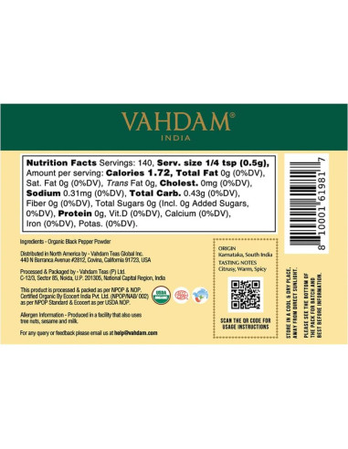 Polvo de Pimienta Negra Orgánica VAHDAM 70g Sin Gluten