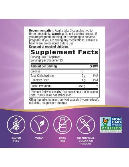 Garra de Gato Nature's Way 100 Cápsulas Veganas 1455 mg Garra de Gato Nature's Way 100 Cápsulas Veganas 1455 mg