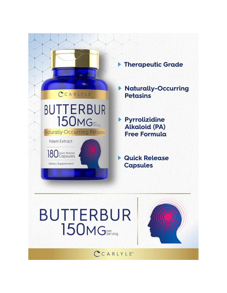 Cápsulas de Butterbur 150 mg Carlyle | 180 Unidades | Soporte Neurológico Cápsulas de Butterbur 150 mg Carlyle | 180 Unidades | Soporte Neurológico