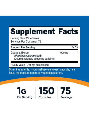 Suplemento Energizante Guarana Nutricost 1000mg 150 Cápsulas