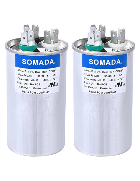 Paquete de 2 Capacitores CBB65 30+5uF 370V para Aire Acondicionado Paquete de 2 Capacitores CBB65 30+5uF 370V para Aire Acondicionado