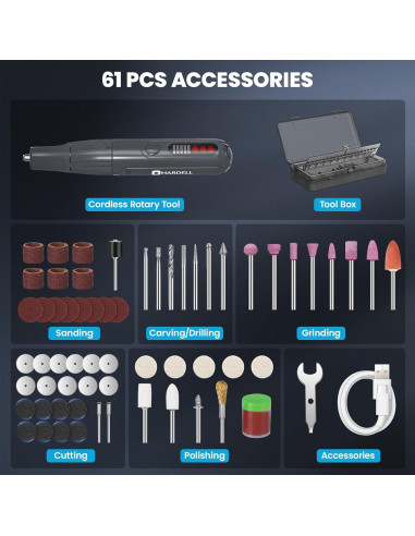 Herramienta Rotativa Sin Cable HARDELL 8V con 61 Accesorios