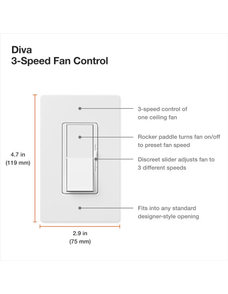 Interruptor de Ventilador Lutron Diva 3 Velocidades Blanco Interruptor de Ventilador Lutron Diva 3 Velocidades Blanco