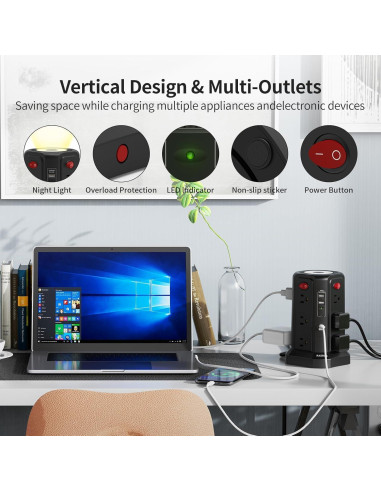 Protector de Sobretensión PASSUS 16 Pies con 4 USB y Luz Nocturna