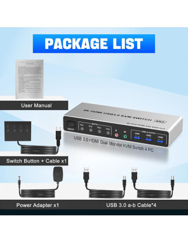 Conmutador KVM Rytaki Pro 4 Puertos USB 3.0 Doble Monitor 4K