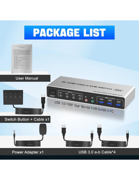 Conmutador KVM Rytaki Pro 4 Puertos USB 3.0 Doble Monitor 4K Conmutador KVM Rytaki Pro 4 Puertos USB 3.0 Doble Monitor 4K