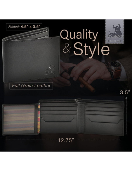 Billetera Bifold de Cuero Bull Guard con Bloqueo RFID - Negro