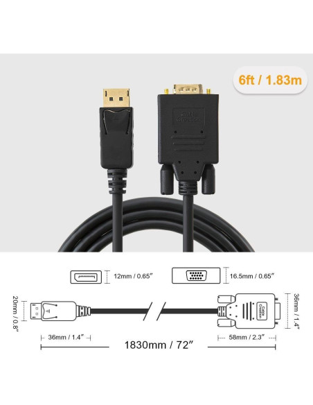 Cable DisplayPort a VGA 1.83m CableCreation 1080P Negro Cable DisplayPort a VGA 1.83m CableCreation 1080P Negro