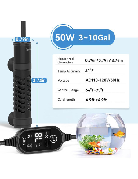 Calentador de Acuario Cerámico Hygger 50W para 11-38L Calentador de Acuario Cerámico Hygger 50W para 11-38L
