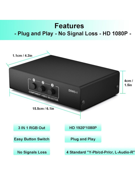 Conmutador AV Componente 3 en 1 LUKFOCAB 1080P 5 RCA Conmutador AV Componente 3 en 1 LUKFOCAB 1080P 5 RCA