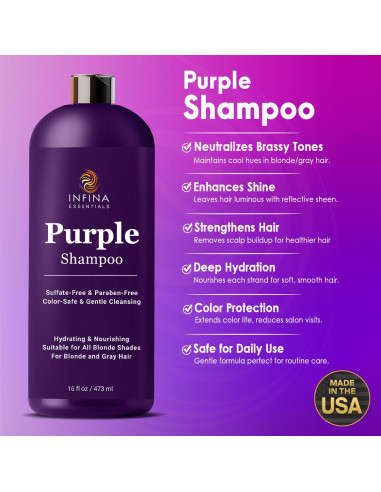 Champú Púrpura INFINA ESSENTIALS 473 ml para Cabello Rubio y Gris
