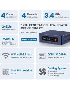 Mini PC Beelink S12 Pro, Intel Alder Lake-N N100, 16GB RAM, 500GB SSD 2