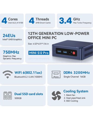 Mini PC Beelink S12 Pro, Intel Alder Lake-N N100, 16GB RAM, 500GB SSD