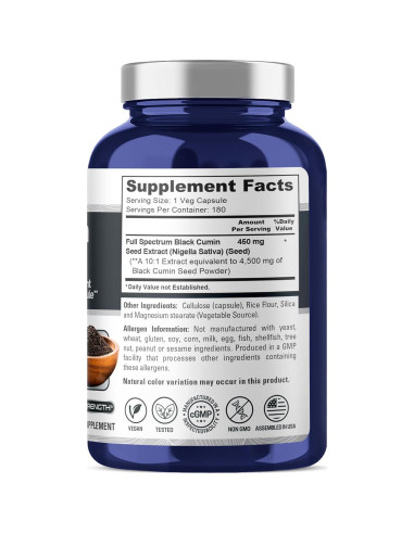 Extracto de Semilla de Comino Negro NusaPure 450 mg 180 Cápsulas
