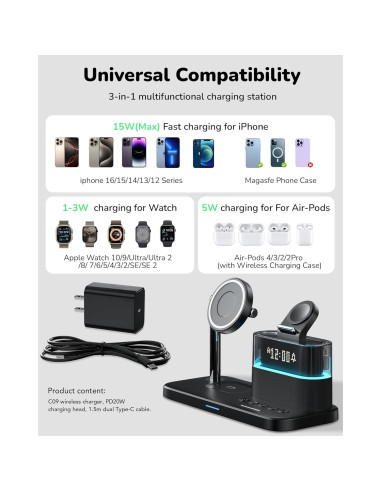 Cargador Inalámbrico 5 en 1 Qi2 con Reloj y Luz Nocturna - Negro