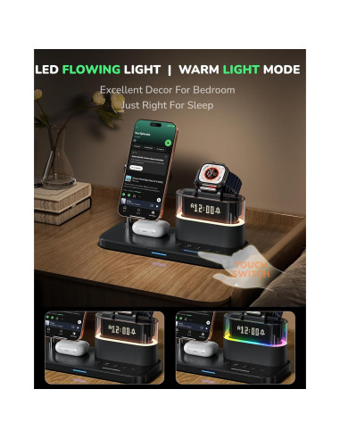 Cargador Inalámbrico 5 en 1 Qi2 con Reloj y Luz Nocturna - Negro