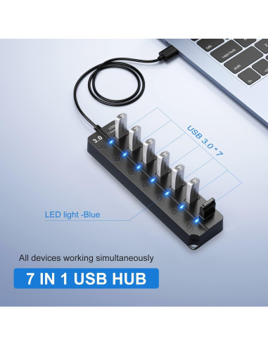 Hub USB 3.0 ONFINIO 7 Puertos con Interruptores y Luz - 1m
