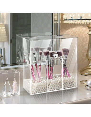 Soporte Organizador de Brochas de Maquillaje Okllen Acrílico 3 Compartimentos
