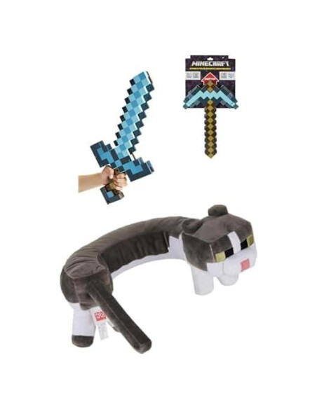 Espada y Pico Diamante Transformable Mattel Minecraft + Almohada Gato Espada y Pico Diamante Transformable Mattel Minecraft + Almohada Gato
