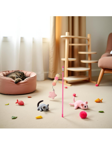 Juguete de Varita para Gato BWESOO Rosa con Cuerda y Peluche