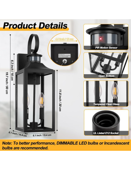Luz Exterior con Sensor de Movimiento Yolsunes 50 cm Negra Luz Exterior con Sensor de Movimiento Yolsunes 50 cm Negra